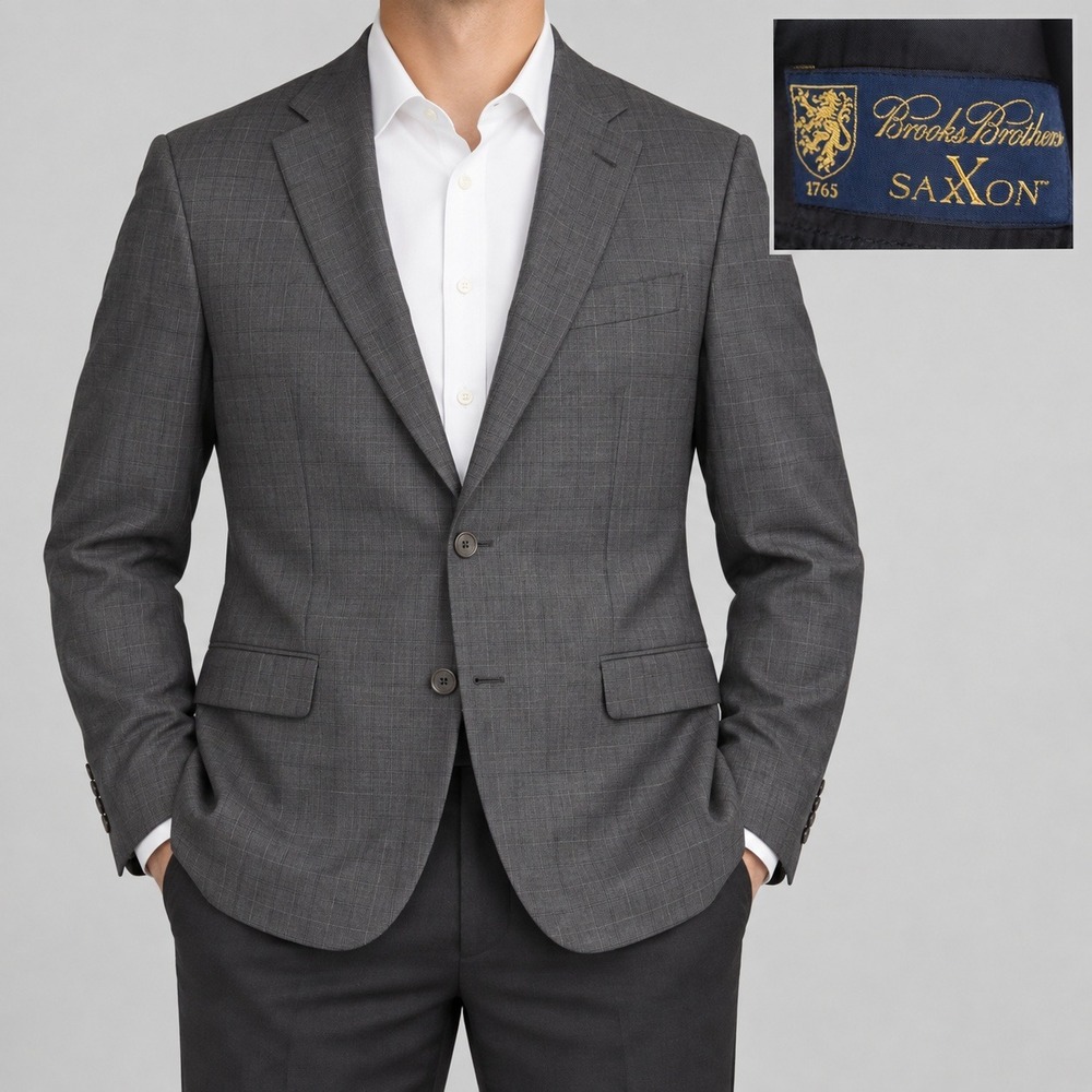 Brooks Brothers 1818 Madison Sport Coat Mens 46R Gray Plaid Saxxon Wool USA